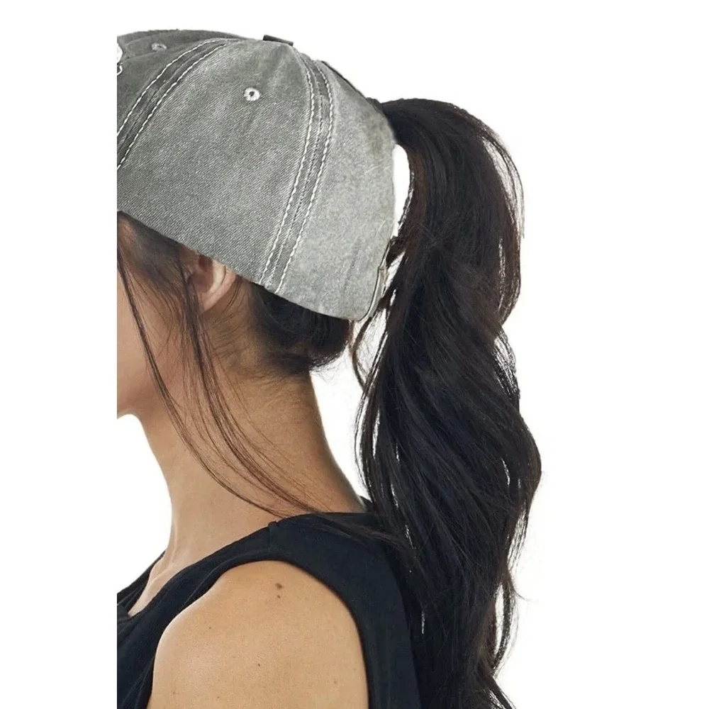 Distressed American Flag Ponytail Trucker Hat Grey White Mesh Adjustable Cap - Picture 6 of 6